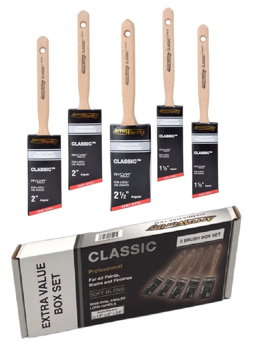 Arroworthy Classic 5 Pack Paint Brushes Long Handle Oval Angled BoxSet New