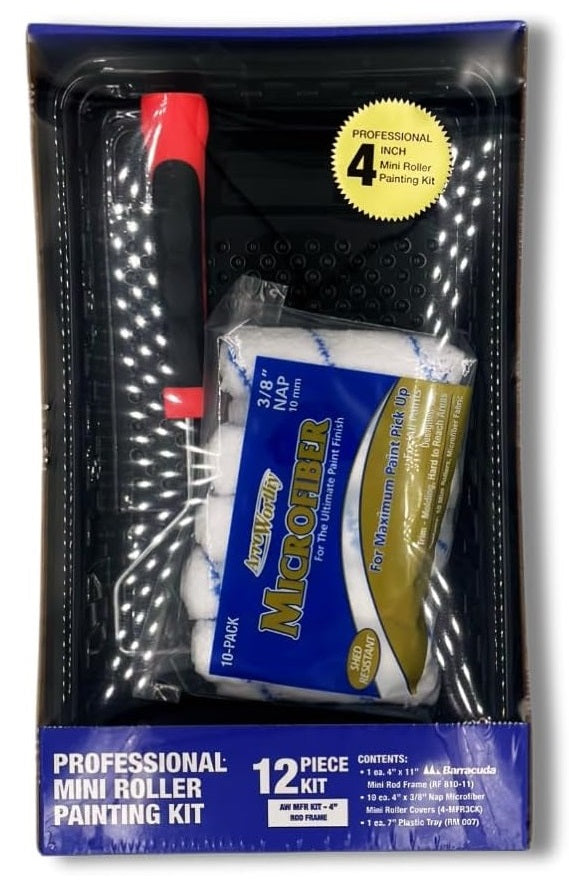 Arroworthy 12 Piece Paint Roller Kit - 4 x 11" Barracuda Push Fit Frame, 10 x 4" 3/8th NAP Microfibre Roller Sleeves, 7" Paint Tray