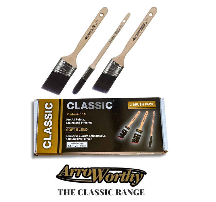 Arroworthy Box Brush Set, 1 x 1.5" Angled, 1 x 2" Angled Long Handle, 1 x 14mm Sash Round