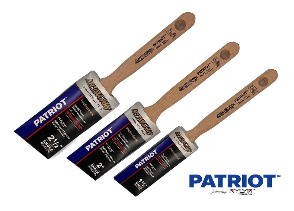 Three Arroworthy paint brushes with Patriot Paint Brush packaging on a white background